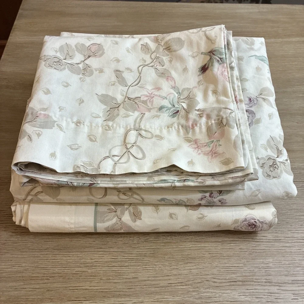 Vintage Cannon No Iron King Sheet Set 4 Piece Floral Flat Fitted 2 Pillowcases